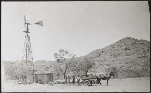 Wind mill and water tank on Ernabella Mission, South Australia, approximately 1944