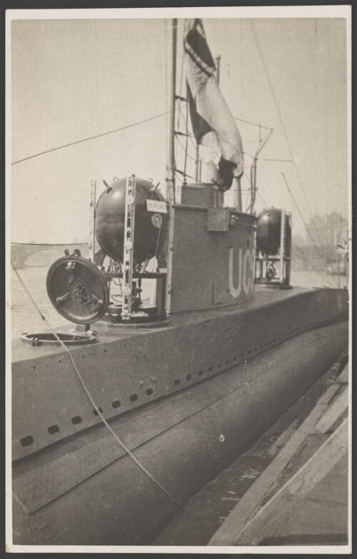 Captured SM UC-5, German Type UC I minelayer U-boat, Thames River, England, approximately 1916