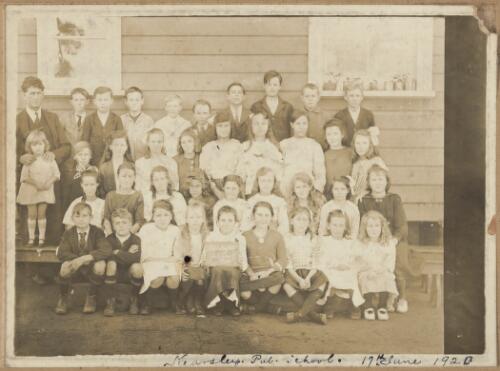 Children of the fourth, fifth, sixth and seventh classes at Kearsley Public School with their teacher S.A. Hanscombe, Kearsley, New South Wales, 17 June 1920 / Les O. Archard