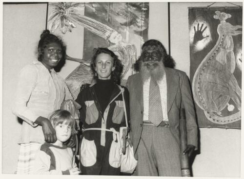 Banduk Marika, Sam Isaacs, Juno Gemes and Wandjuk Marika at Apmira Artists for Land Rights Exhibition opening, Paddington Town Hall, Sydney, 5 November 1982 / Jennifer Isaacs