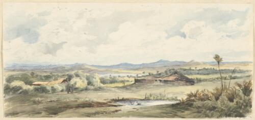 View looking over Stevens' house, the Manukao [i.e. Manukau] Ranges in the distance [picture] / [Albin Martin]