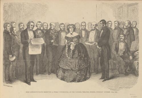 Miss Catherine Hayes receiving a public testimonial at the Victoria Theatre, Sydney, Tuesday, October 17th, 1854 [picture] / C.W. Andrews; W.G. Mason