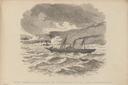Eagle steamer taking troops from the Sir John Harvey during a storm in Port Jackson [picture]