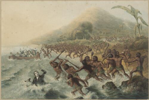 Two specimens of printing in oil colours : one representing the reception of the Rev. John Williams at Tanna, in the South Seas : the other, the massacre of that excellent missionary on the Island of Erromanga, where he and his friend, Mr. Harris, became the proto-martyrs of Christianity in the Australian seas / executed by George Baxter, inventor and patentee, with a description by J. Leary. And an account of the islands when visited by Captain Cook and Captain Dillon