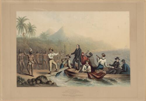 The reception of the Rev. J. Williams at Tanna in the South Seas, the day before he was massacred [picture] / printed in oil colours by the patentee, G. Baxter