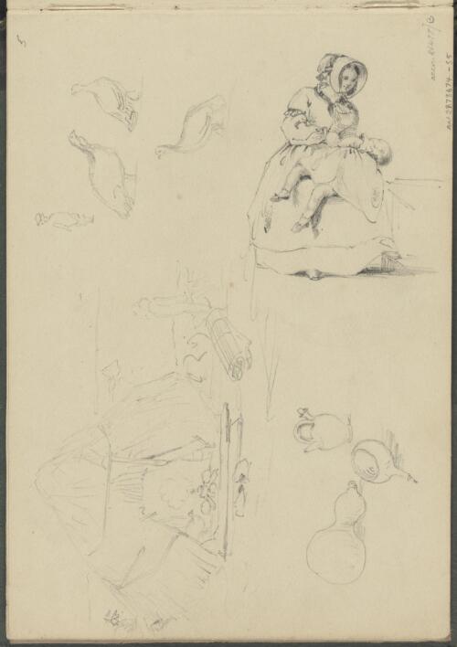 Study of a mother and child, pottery, birds and a grass hut [picture] / George French Angas