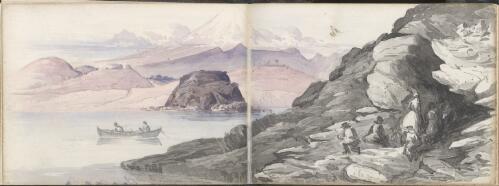[Cave on the coast, Mount Egmont in the distance] [picture] / [Henry James Warre]