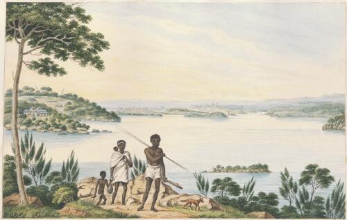 [Distant view of Sydney and the harbour, Captain Piper's naval villa at Eliza Point] [picture] / [Joseph Lycett]
