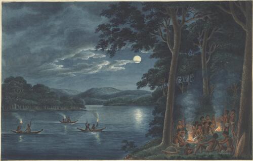 Aboriginal Australians night fishing by fire torches, New South Wales, ca. 1817 [picture] / [Joseph Lycett]
