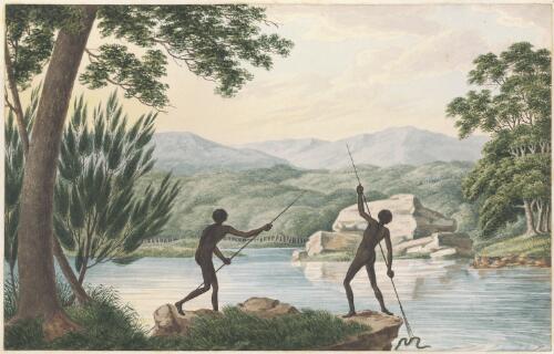 Two Aboriginal Australian men fishing for eels, New South Wales, ca. 1817  [picture] / [Joseph Lycett] - Catalogue
