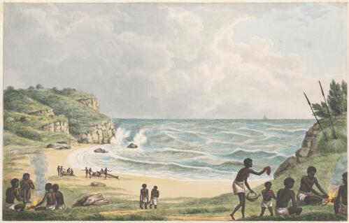 [Aborigines cooking and eating beached whales, Newcastle, New South Wales, ca. 1817] [picture] / [Joseph Lycett]