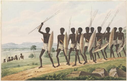 [Group of Aborigines with shields and spears] [picture] / [Joseph Lycett]
