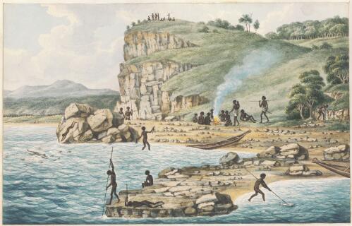 Aboriginal Australians spearing fish and diving for shellfish, New South Wales, ca. 1817 [picture] / [Joseph Lycett]