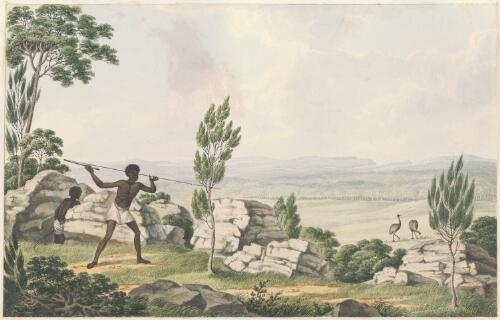 [Two Aborigines hunting emus] [picture] / [Joseph Lycett]