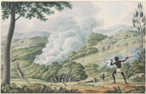 [Aborigines using fire to hunt kangaroos] [picture] / [Joseph Lycett]
