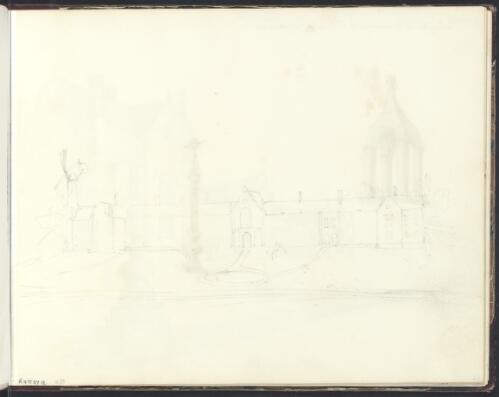 Preliminary sketch of a large building and windmill, 1845 [picture] / [Owen Stanley]