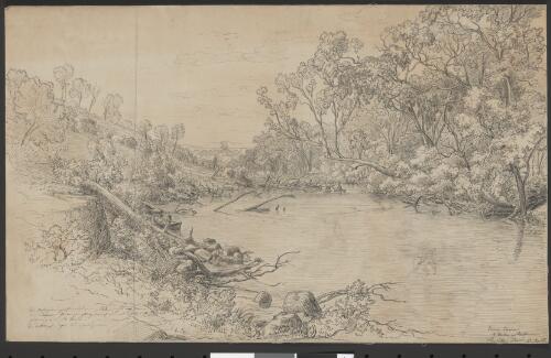 Yarra Yarra, 4 meilun [i.e. miles] [...] Melbourne, Heidelberg Road, 13 April 1855 [picture] / [Eugene von Guerard]