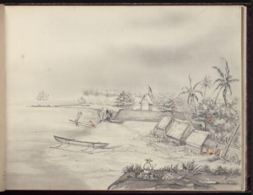 [Island scene with huts and French fort] [picture] / C. Antiq