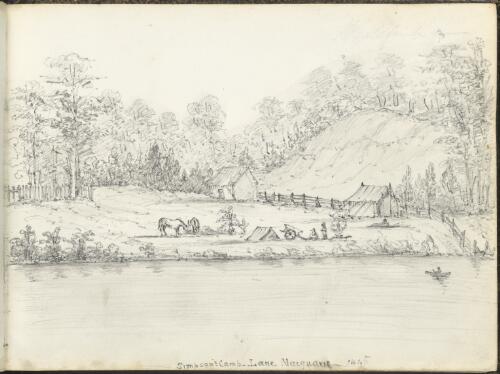 Simpson's camp, Lake Macquarie, New South Wales, 1845 [picture] / J.H. Goldfinch