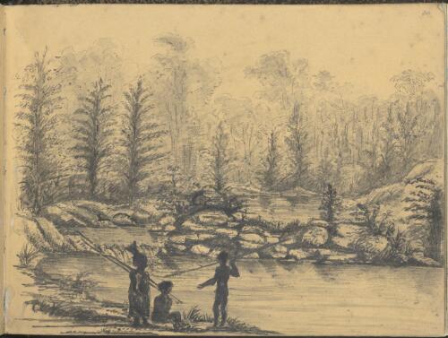Aboriginal Australians on the banks of a river, holding spears [picture] / [J.H. Goldfinch]