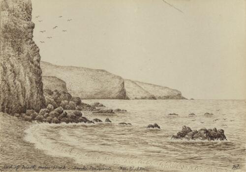 End of ninety miles beach, Banks Peninsula, [New Zealand], December 3, 1874 [picture] / W.E