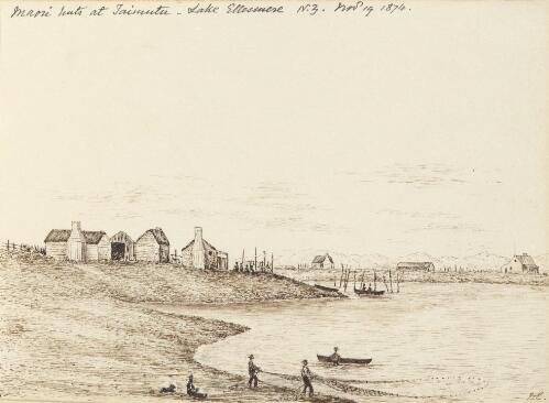 Maori huts at Taimutu, Lake Ellesmere, N.Z., November 19 1874 [picture] / W.E