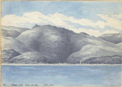 Nelson, N.Z. from the sea, 18 December 1874 [picture] / W.E