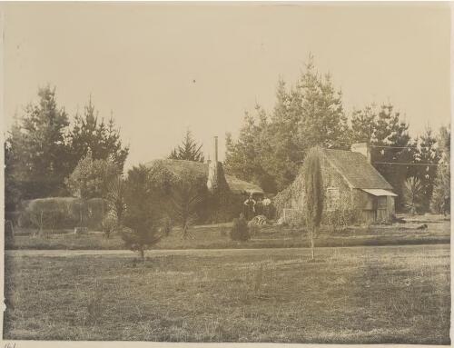 Group of three people standing between two dwellings, one with thatched roof, Wairakei, New Zealand [picture]
