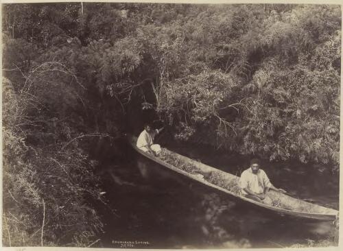 Two men in canoe on Haumarana [i.e. Hamurana] Cold Spring, New Zealand [picture] / Josiah Martin