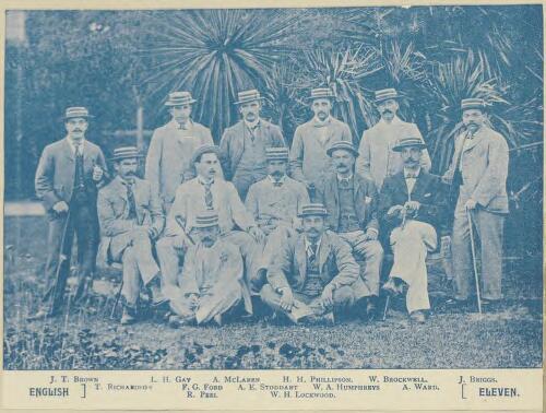 Mr A.E. Stoddart's English cricket team posing before embarking on R.M.S. Ophir, Adelaide, South Australia, April 3, 1895 [picture]
