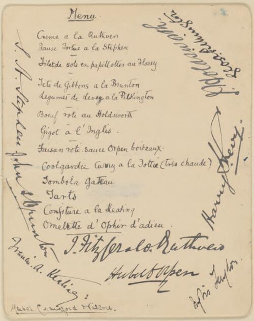 Handwritten menu of complimentary dinner given to Sir Francis Boileau by the Committee of R.M.S. Ophir, of which he was president [picture] / Mabel Crawford Wilson