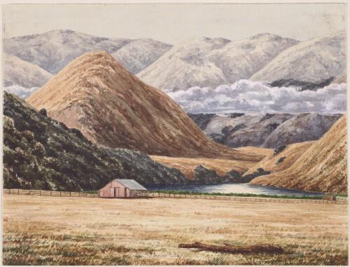 Woolshed and lake, Mount White Station [picture] / [Charles Enys]