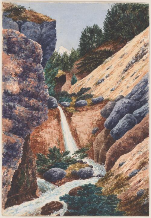 Waterfall on branch of Broken River, Castle Hill run, upper fall [picture] / [Charles Enys]