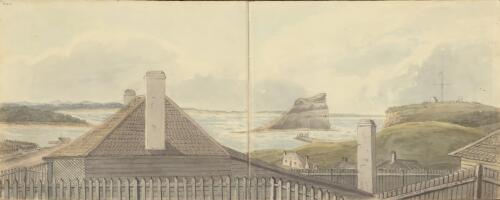 View over buildings towards the signal mast and Nobby Head, Newcastle, New South Wales, ca. 1820 [picture] / Edward Close