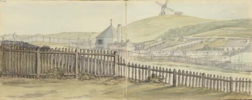 Dwellings, fenced land and the windmill on the hill, Newcastle, New South Wales, ca. 1820 [picture] / Edward Close