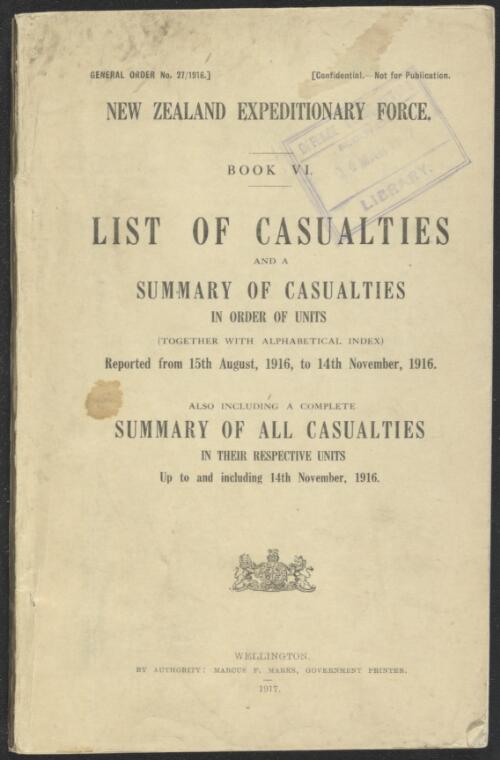 List of casualties and a summary of casualties in order of units (together with alphabetical index). Book VI, reported from 15th August, 1916 to 14th November, 1916 : also including a complete summary of all casualties, in their respective units, up to and including 14th November, 1916