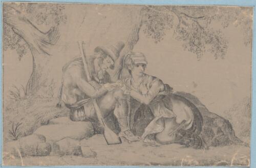 Mr Brigante with a rifle, seated on a rock under a tree whilst holding hands with his wife, Lisa / S. Apthorpe