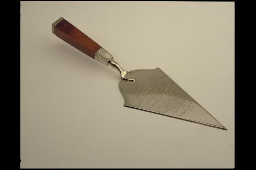 Trowel presented to Sir Isaac Isaacs as Governor-General on the occasion of laying foundation stone of the Commonwealth National Library, Canberra, 23rd November, 1934 [realia] / Hardy Bros. Ltd