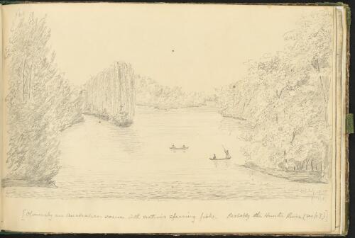 River scene with Aboriginal people fishing, Hunter River [?], New South Wales, 1826? [picture] / [Charles Harry Roberts]