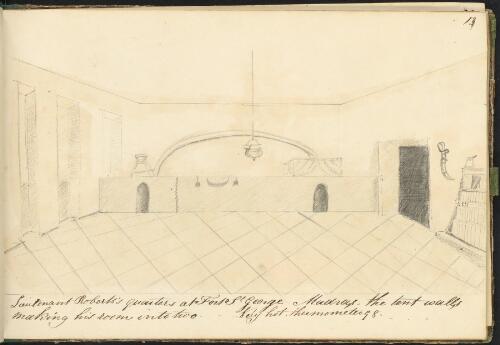 Lieutenant Roberts's quarters at Fort St George, Madras, the tent walls making his room into two, India, 1825? [picture] / [Charles Harry Roberts]