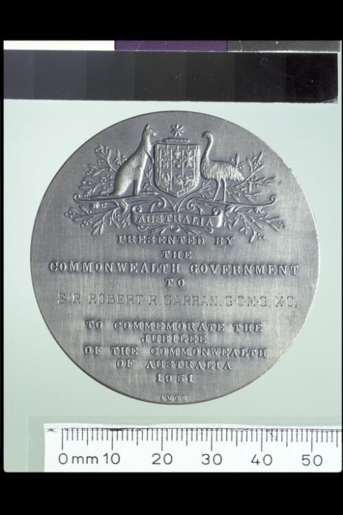 Medal inscribed: Presented by the Commonwealth Government to Sir Robert R. Garran, G.C.M.G., K.C., to commemorate the jubilee of the Commonwealth of Australia 1951 [realia] / W.J. Amor, Sydney