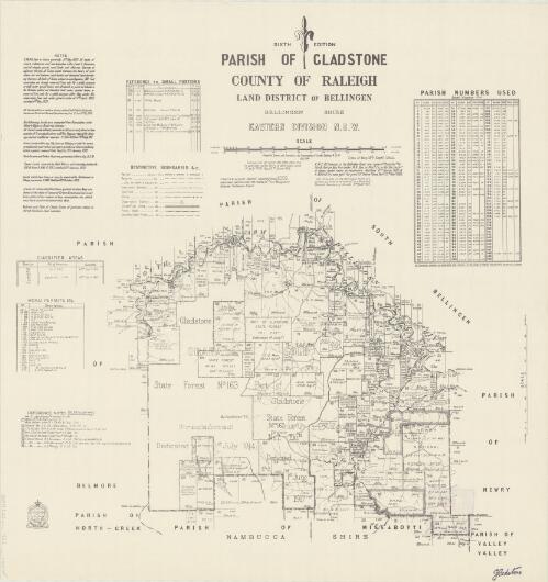 Parish of Gladstone, County of Raleigh [cartographic material] : Land District of Bellingen, Bellingen Shire, Eastern Division N.S.W. / compiled, drawn and printed at the Department of Lands, Sydney N.S.W