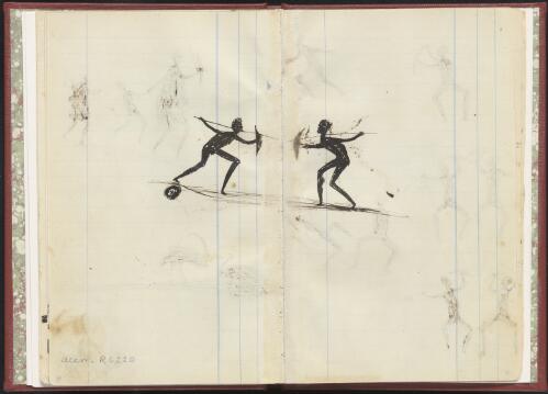 Two Aboriginal men fighting with shields and spears, Wahgunyah Region, Victoria, 1880 [picture] / Tommy McRae