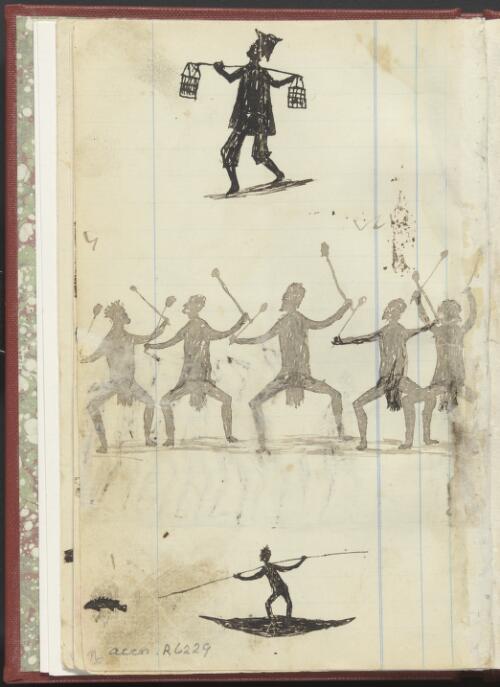 Chinese man, Aboriginal men dancing and an Aboriginal man spear-fishing from a canoe, Wahgunyah Region, Victoria, 1880 [picture] / Tommy McRae