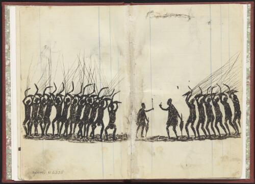Two groups of Aboriginal men at a corroboree, Wahgunyah Region, Victoria, 1880 [picture] / Tommy McRae