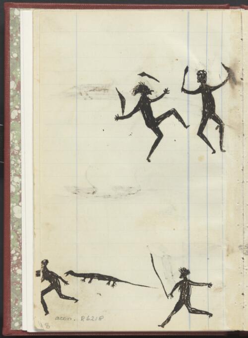 Two Aboriginal men fighting and two men hunting goanna, Wahgunyah Region, Victoria, 1880 [picture] / Tommy McRae