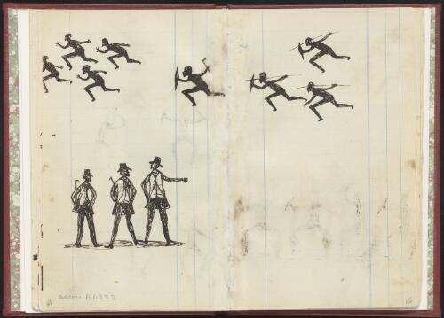 A group of Aboriginal men are pursued by another group and a study of three settlers, Wahgunyah Region, Victoria, 1880 [picture] / Tommy McRae
