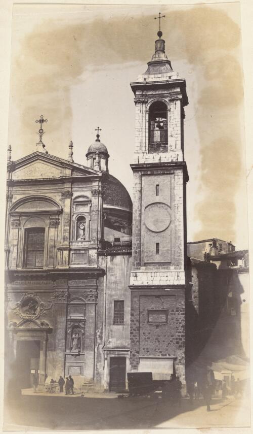 Church with bell-tower and people in the street, Nice, France [picture] / J. Chester Jervis