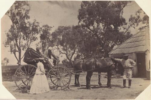 Horse and buggy with passengers near a bush building, Victoria [picture] / J. Chester Jervis
