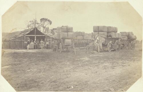 Wool bales loaded onto wagons, Victoria, ca. 1865 [picture] / J. Chester Jervis